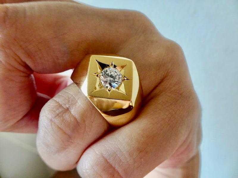 仁尾彫金『一つ星ジルコニア、k18菱形印台リング』ハンドメイド346