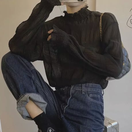 【予約】ruched sleeve sheer turtleneck