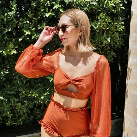 Lace sleeve high-waist bikini Copper red  #S018