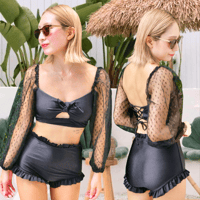 即納 Lace sleeve high-waist bikini Black #S019