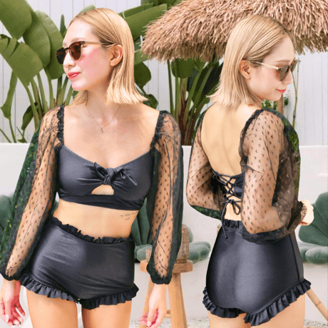 即納 Lace sleeve high-waist bikini Black #S019