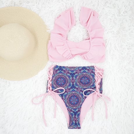 即納  V-line frill high waist reversible bikini Pink mandala