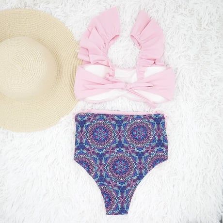 V-line frill high waist reversible bikini Pink mandala #L007