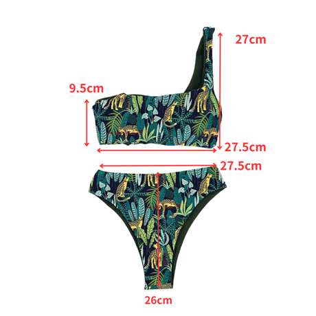 Jungle print one sholder red bikini