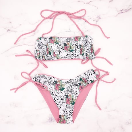 【Sun’sLife Ｏriginal 】Shirring cut brazilian bandeau bikini Dot dalmatian Macaron pink #L027