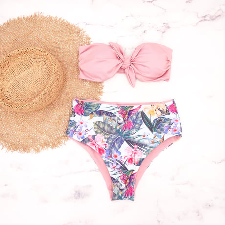 即納 High waist ribboned bandeau bikini Pinky nature