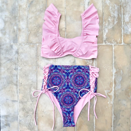 V-line frill high waist reversible bikini Pink mandala #L007