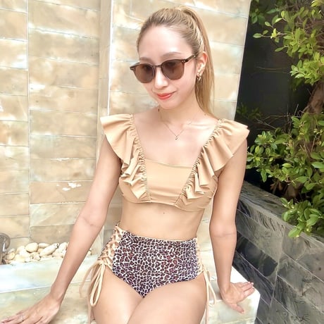 即納 V-line frill high waist reversible bikini Animal beige #L005