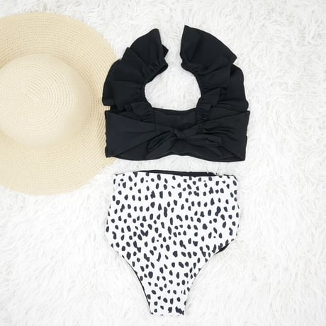即納 V-line frill high waist reversible bikini Dalmatian #L006