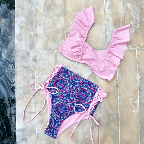 V-line frill high waist reversible bikini Pink mandala #L007