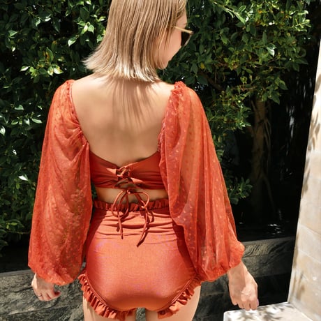 Lace sleeve high-waist bikini Copper red  #S018