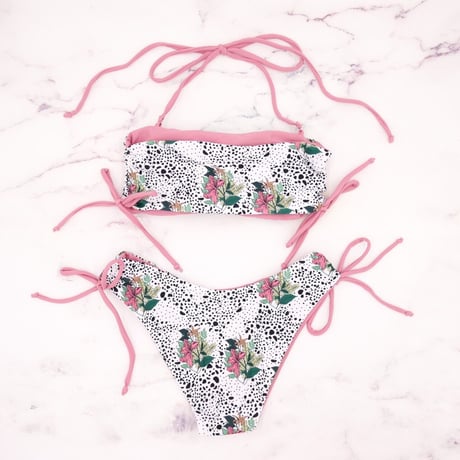 【Sun’sLife Ｏriginal 】Shirring cut brazilian bandeau bikini Dot dalmatian Macaron pink #L027