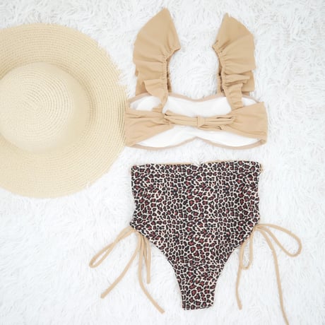 即納 V-line frill high waist reversible bikini Animal beige #L005
