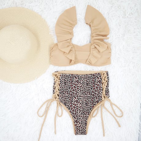 即納 V-line frill high waist reversible bikini Animal beige #L005