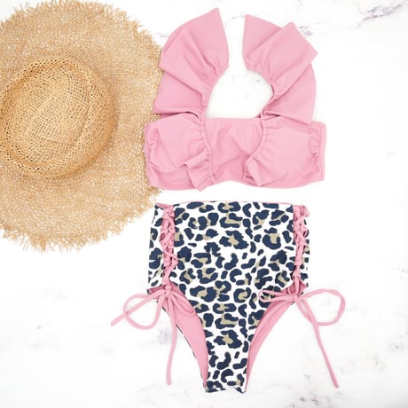 即納 V-line frill high waist reversible bikini Pink leopard