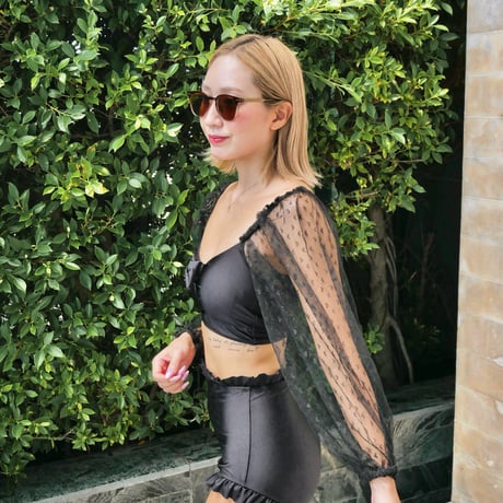 即納 Lace sleeve high-waist bikini Black #S019