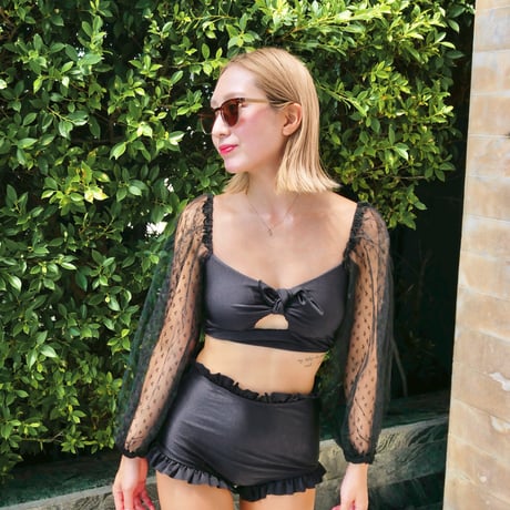 即納 Lace sleeve high-waist bikini Black #S019