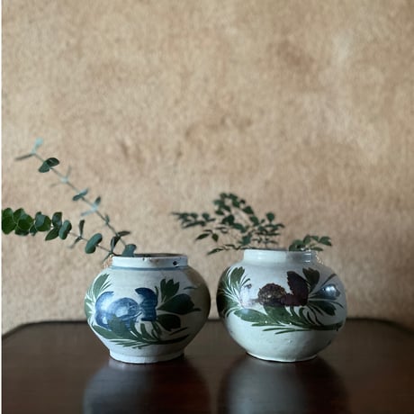 韓国の古い花壺 花蟹模様 青蟹