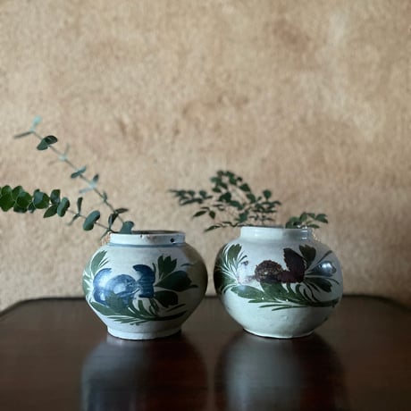 韓国の古い花壺 花蟹模様 茶蟹