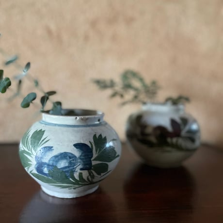 韓国の古い花壺 花蟹模様 青蟹