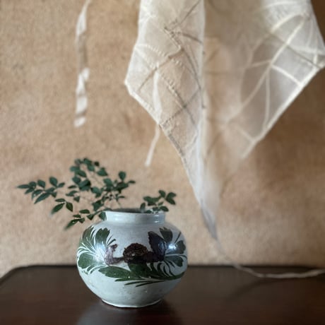 韓国の古い花壺 花蟹模様 茶蟹