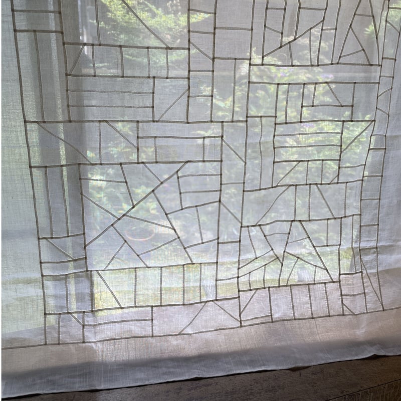ポジャギ　100×100 ハンドメイド YB-4 ベージュと森の色」麻ポジャギ ポジャギ 100×100 ハンドメイド
