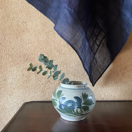 韓国の古い花壺 花蟹模様 青蟹