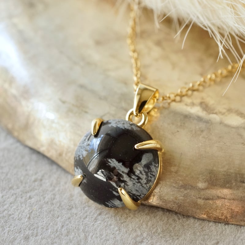 ★厳選一連★お買い得♢黒曜石【スノーフレークオブシディアン6mmラウンド連】❤️ Handmade】スノーフレークオブシディアン ペンダントトップ 18k