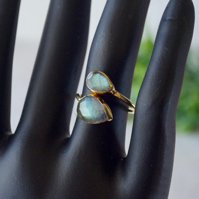 ラブラドライト ダブルしずくリング 18kゴールドプレーテッド シルバー