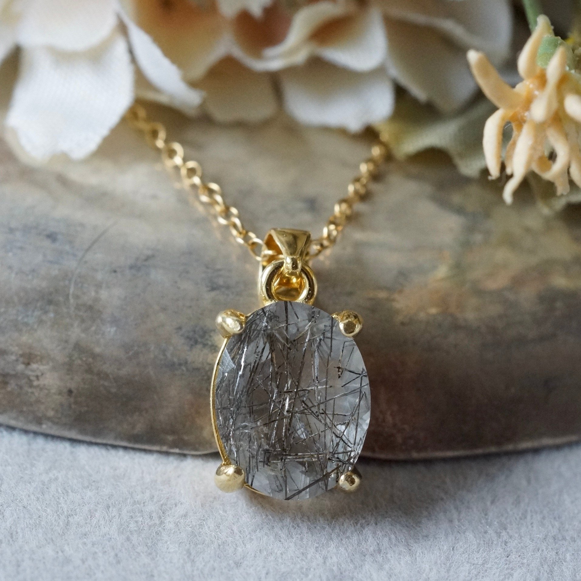 Handmade】ブラックルチルクォーツ ペンダントトップ 18kゴールド