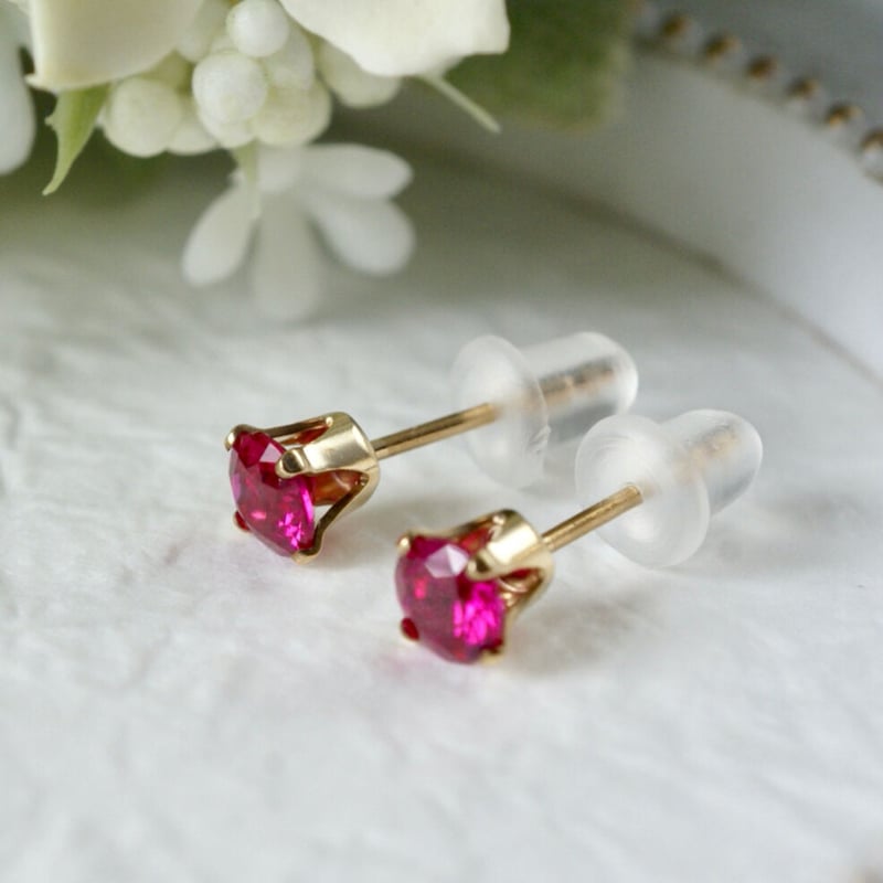 Handmade】合成ルビー スタッドピアス 14kゴールドフィルド製 4mm