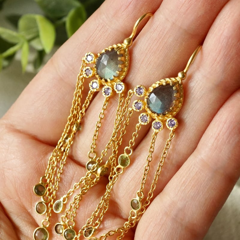 ブルーシラー ラブラドライト シャンデリア フックピアス 18kゴールド  