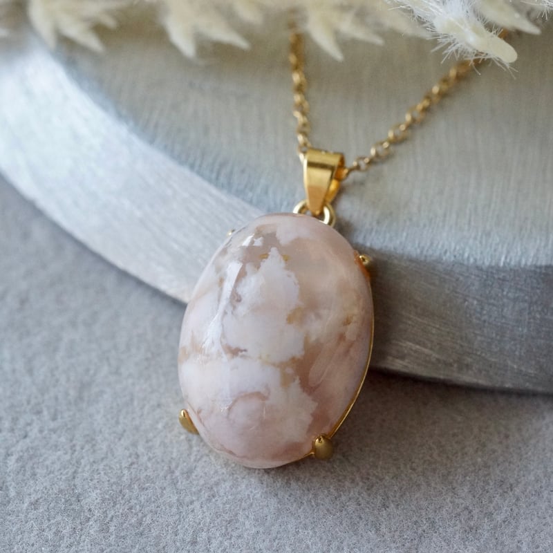 Handmade】桜メノウ ペンダントトップ 18kゴールドプレーテド シルバー