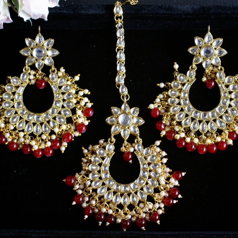 インドジュエリーセット（マルーンレッド）クンダンスタイル