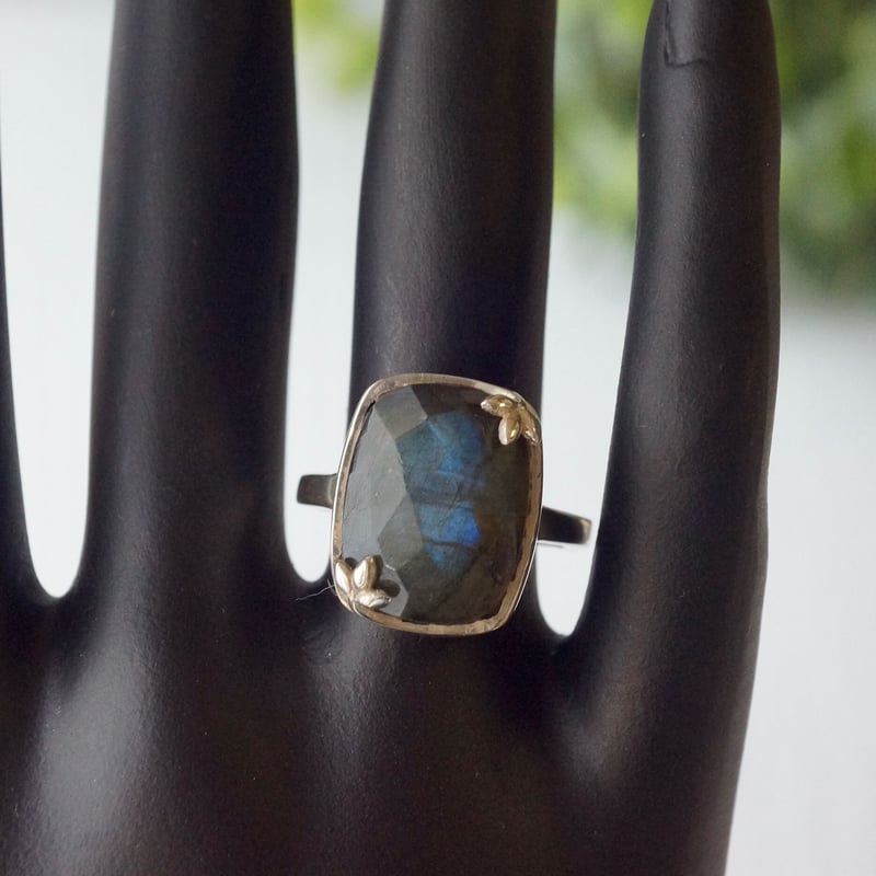 ラブラドライト スクエア リーフモチーフリング シルバー925 約14.5号