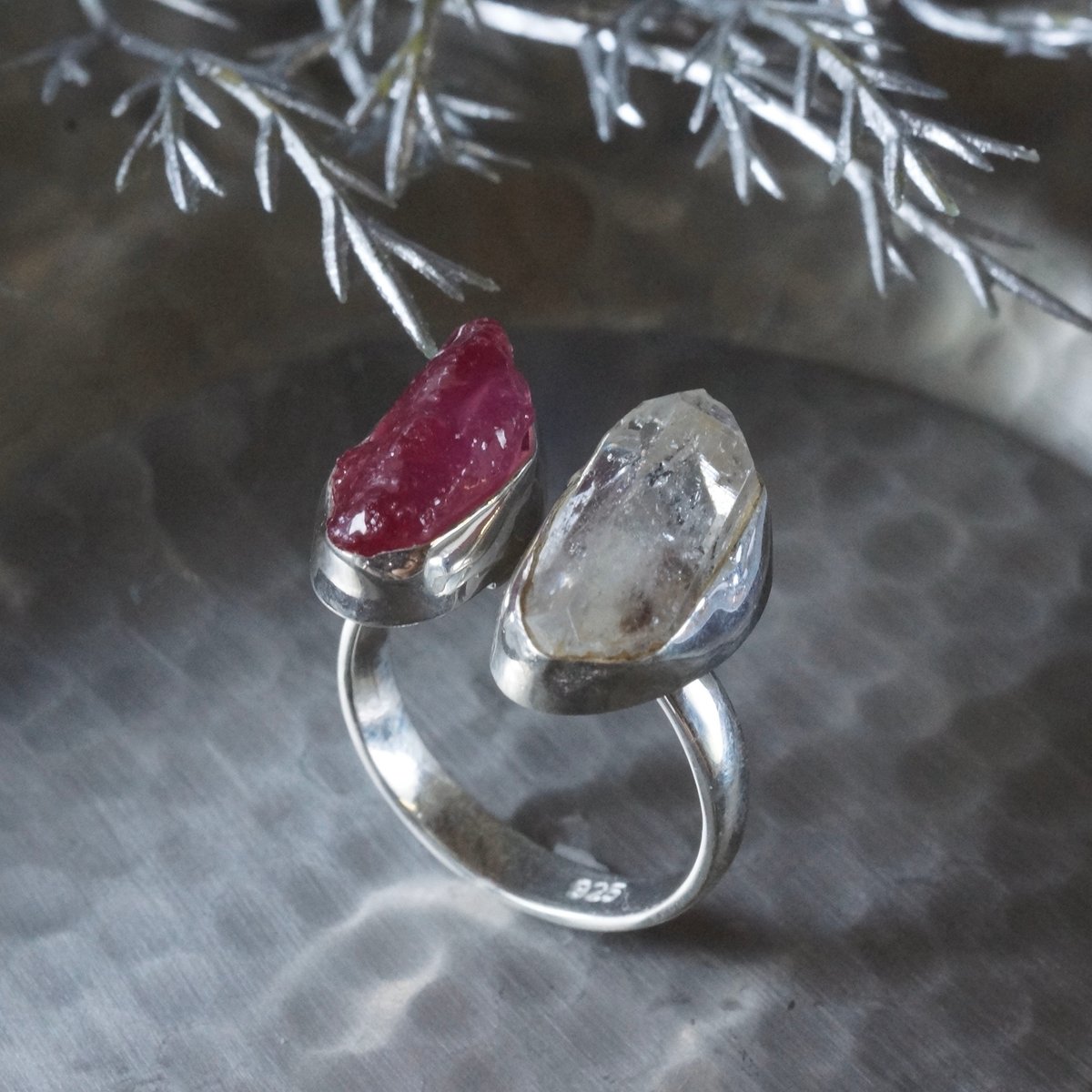 ルビー/ハーキマーダイヤモンド（水晶） ラフカット（原石）リング