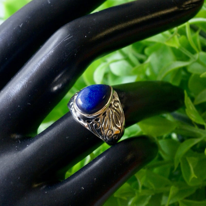 ブルー ラピスラズリ リーフモチーフリング シルバー925 約12号（sv