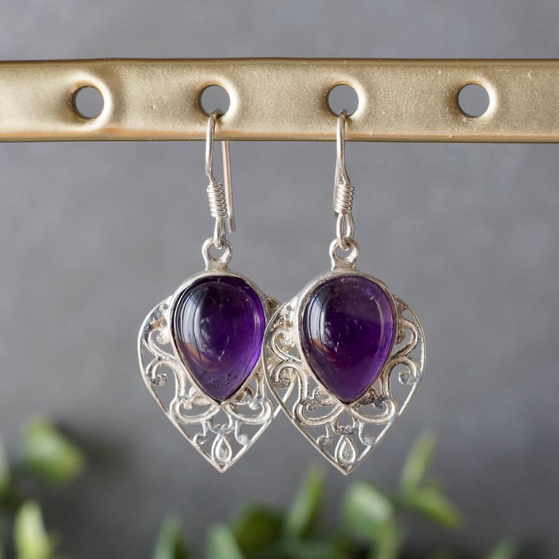 ○パープル アメジスト ペアーシェイプ エスニックピアス シルバー925