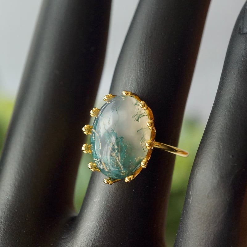 天然石リング、天然モスアゲート、シルバー925指輪、ハンドメイド 天然モスアゲートリング、925スターリングシルバーリング