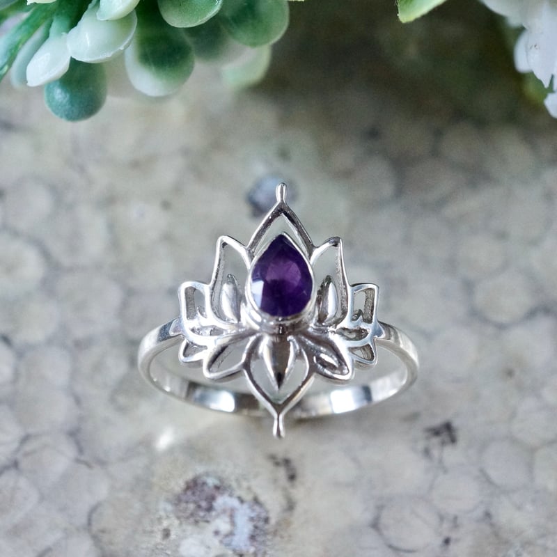 パープル アメジスト ロータスモチーフ リング シルバー925 約14.5号