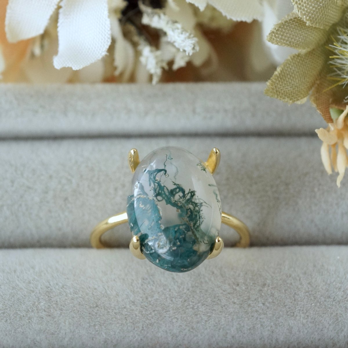 天然石リング、天然モスアゲート、シルバー925指輪、ハンドメイド 受注制作】△モスアゲート 7号〜フリーサイズリング シルバー925