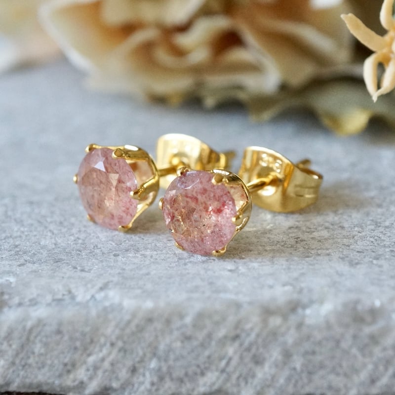Handmade】ピンク ストロベリークォーツ スタッドピアス