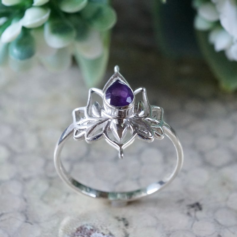 パープル アメジスト ロータスモチーフ リング シルバー925 約14.5号