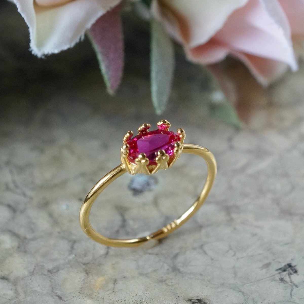 Handmade】合成ルビー クラウンモチーフ 7号〜フリーサイズリング 18k 