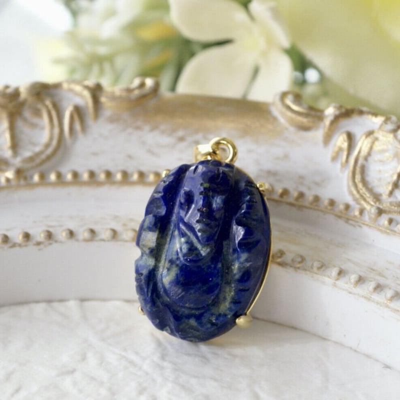 Handmade】ラピスラズリ ガネーシャ ペンダントトップ 18kゴールド
