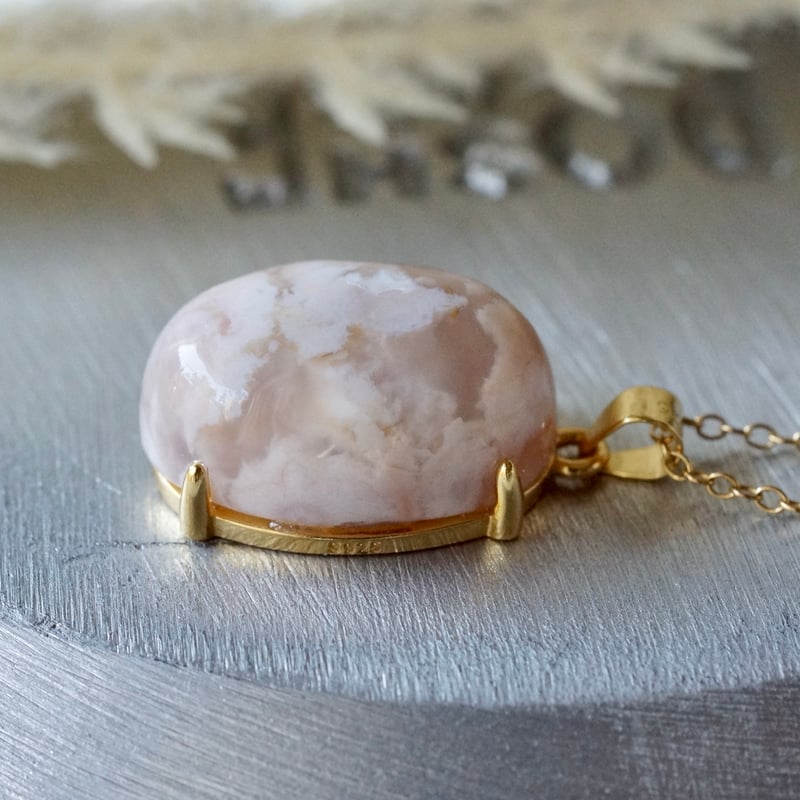 Handmade】桜メノウ ペンダントトップ 18kゴールドプレーテド シルバー