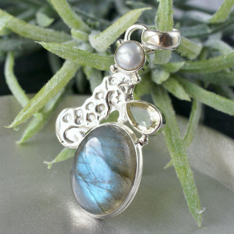 ラブラドライト/シトリン タツノオトシゴ ペンダントトップ シルバー