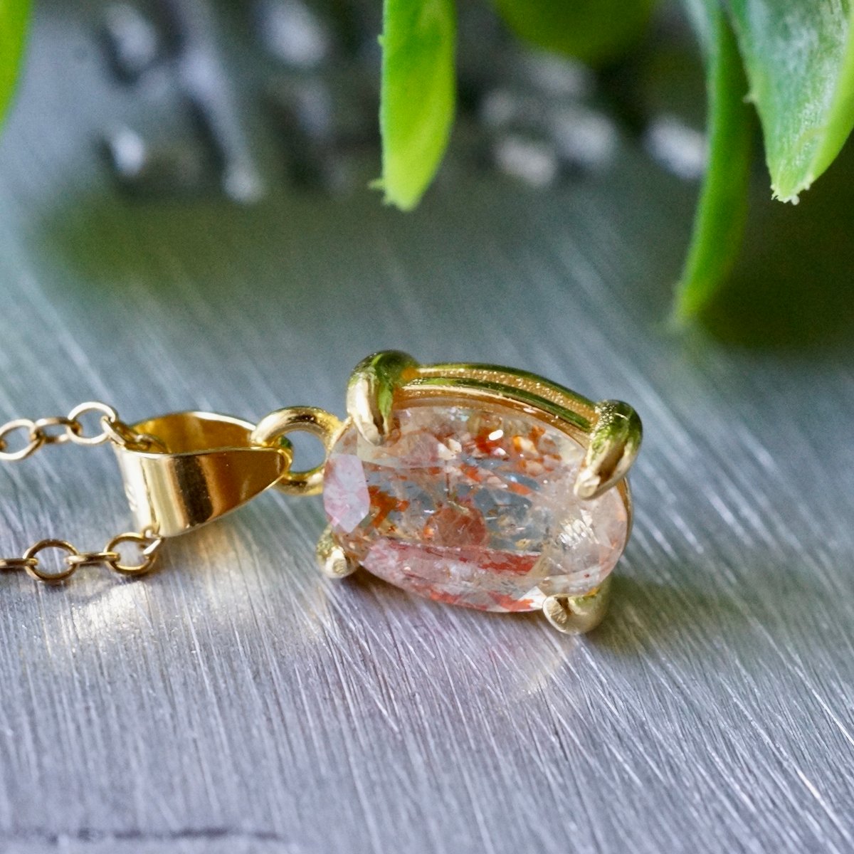 Handmade】グリーンサンストーン ペンダントトップ 18kゴールドプレー