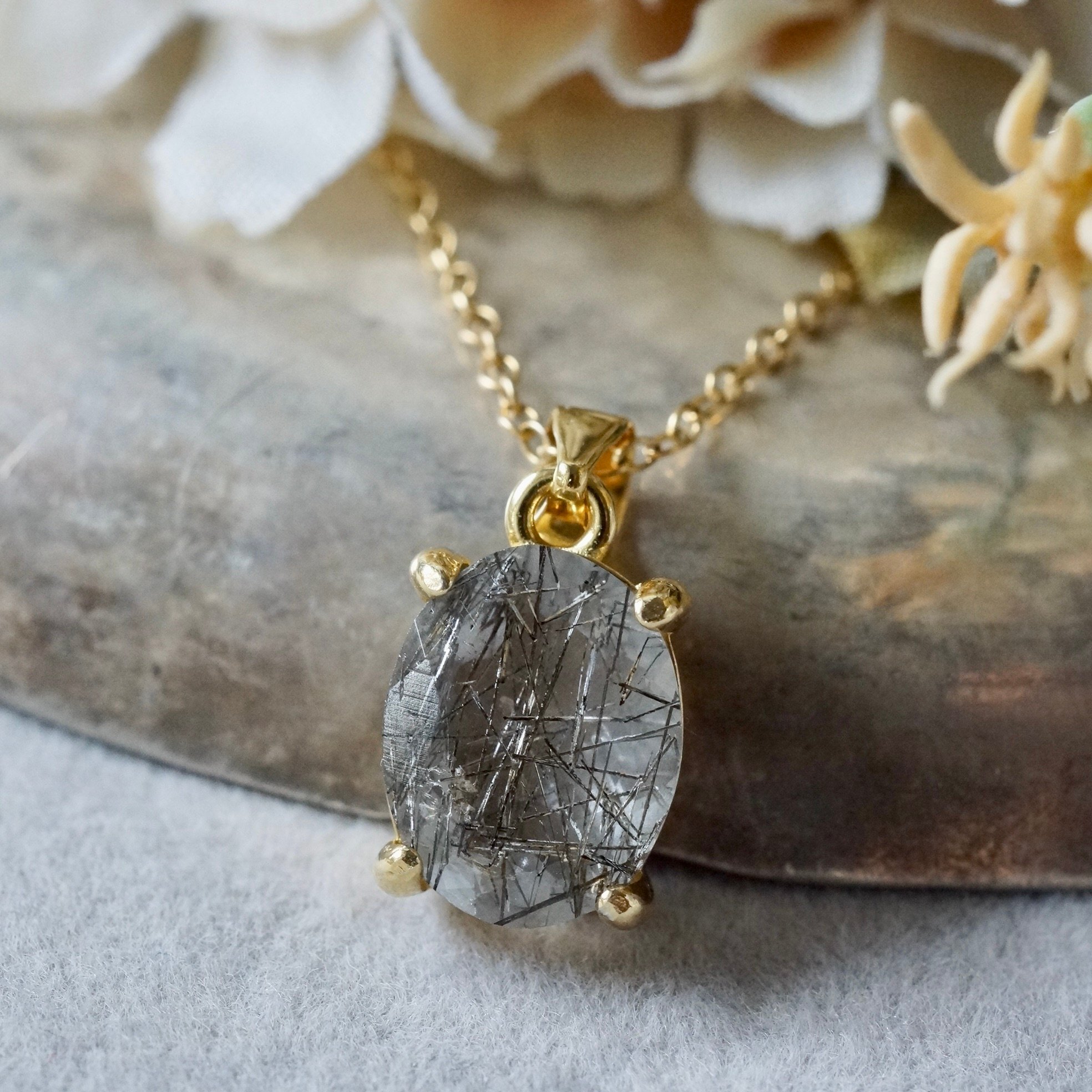 Handmade】ブラックルチルクォーツ ペンダントトップ 18kゴールド