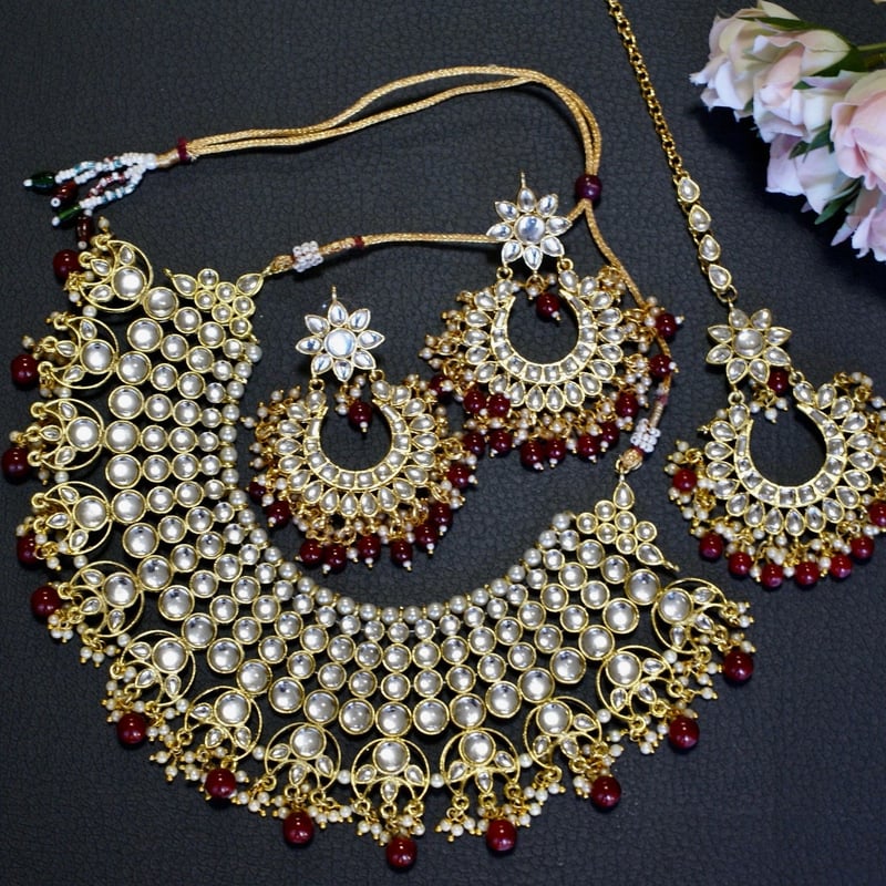 インドジュエリーセット（マルーンレッド）クンダンスタイル